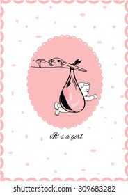 Vector illustration of stork with baby girl in oval. Template for card