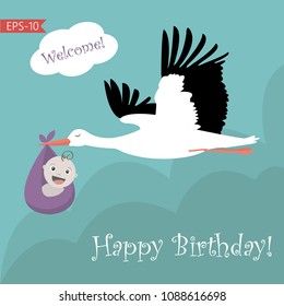 Vector Illustration with Stork and a baby. Perfect for  card, book covers, kid posters, book and brochure  illustartion. New Born Baby. Template.