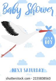 Vector illustration of a stork with a blue bag on a background of clouds. Image for boys. Concept for holidays, baby shower, birthday, wrappers, print, clothes, cards, banner, textile, flyer.