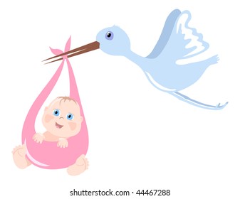 Vector illustration of stork bringing newborn child
