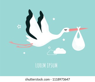 Vector illustration of a stork. Stork carrying a baby in a bag. Can be used for cards, flyers, posters, t-shirts.