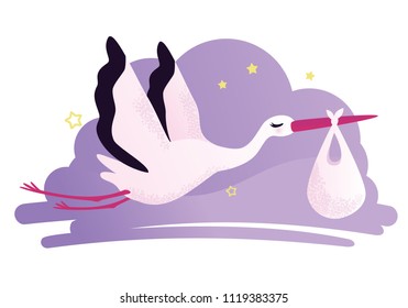 Vector illustration of a stork. Stork carrying a baby in a bag. Can be used for cards, flyers, posters, t-shirts.