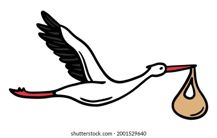 Vector illustration of a stork carrying a child cartoon doodles . hand drawing