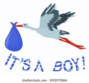 vector illustration of a stork delivering a newborn baby, isolated on a white background