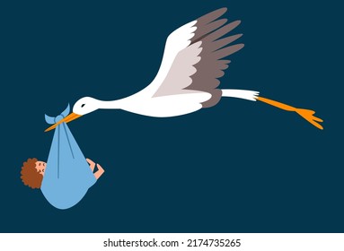 vector illustration of stork in flight with child in flat style,