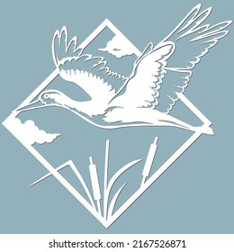 Vector illustration. A stork in flight in a frame. Wildlife. Vector isolated illustration for laser cutting. Tattoo. Logo...