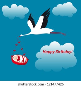 Vector illustration of a stork flying in the sky and delivering a cradle with a newborn baby.
