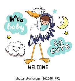 Vector illustration of a stork holding a baby and blue clouds with the inscription hello baby on a white background. Newborn concept