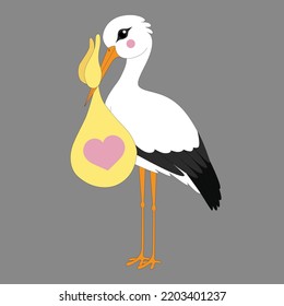 Vector illustration of a stork. A stork holds a baby in a bag. Can be used for postcards, posters, T-shirts.