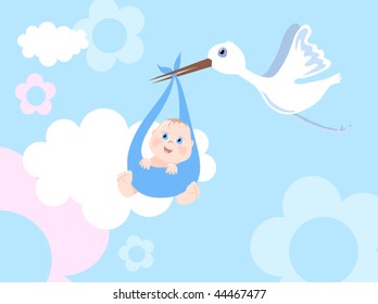 Vector illustration of stork with infant