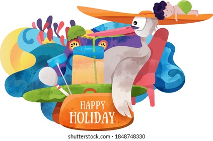 Vector illustration. Stork on summer vacation resting from his job and a baby stowaway. Perfect for cute nursery decoration, children’s room, funny card, invitation, poster and more.