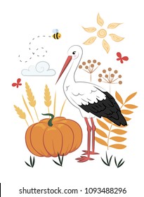 Vector illustration with a stork and a pumpkin