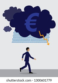A vector illustration of a storm cloud with a Euro symbol over a businessman who is running away from it.  A visual metaphor on the Euro's financial performance. 