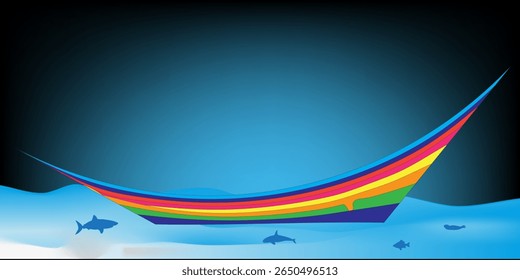 Vector illustration of a storm at sea. Cartoon scene of a beautiful landscape with a boat with a white and orange sail among big sea waves, rocks on the horizon, seagulls, sky with white clouds.
