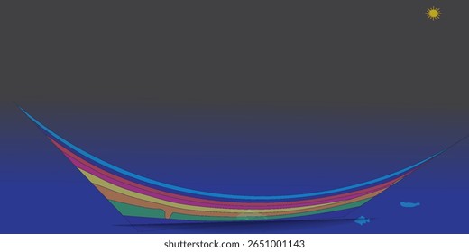 Vector illustration of a storm at sea. Cartoon scene of a beautiful landscape with a boat with a white and orange sail among big sea waves, rocks on the horizon, seagulls, sky with white clouds.