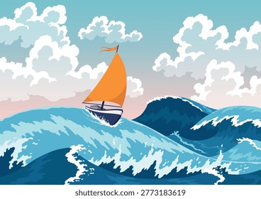 Vector illustration of a storm at sea. Cartoon scene of a beautiful landscape with a boat with orange sail among big sea waves, rocks on the horizon, seagulls, sky with white clouds