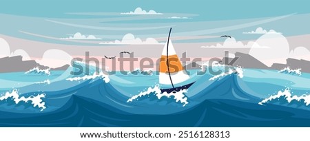 Vector illustration of a storm at sea. Cartoon scene of a beautiful landscape with a boat with a white and orange sail among big sea waves, rocks on the horizon, seagulls, sky with white clouds.