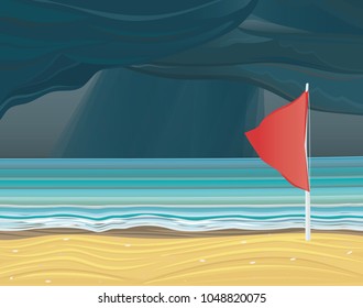 Vector illustration of storm at sea. Warning sign of a red flag.