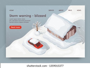 Vector Illustration Storm Warning Blizzard 3d. Natural Disaster in Winter Strong Snow Blizzard. City is Covered with High Layer Snow. Climate Problem on Planet. House and Car Covered in Snow.