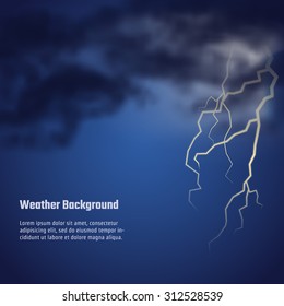 Vector Illustration of storm weather for Design, Website, Background, Banner. Realistic cloud night Template with flash