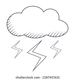 Vector illustration of a stormy cloud with lightening and thunder, weather hand drawn icon, rainy season symbol. For websites, journals, forecasts, any other design.