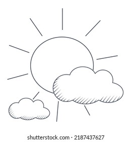Vector illustration of a stormy clouds with sun behind, weather hand drawn icon, rainy season symbol. For websites, journals, forecasts, any other design.
