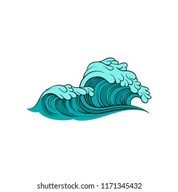 Vector illustration of stormy sea wave with foam. Blue ocean water. Marine theme. Element for poster of surfing competition