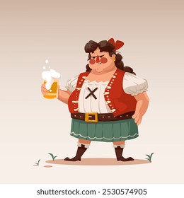 Ilustração vetorial. Mulher forte em trajes tradicionais bávaros segura copo de cerveja espumante contra fundo bege. Estilo de arte dos desenhos animados. Conceito de comida e bebida, tradições, celebração,