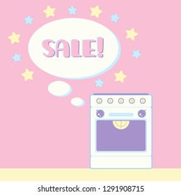 Vector illustration: stove, oven, in a cartoon style Kawai, with inscription "sale!" and backdrop for text, for printing on poster, banner, business card, flyer, sticker, card, for digital use, EPS10

