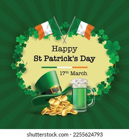 vector illustration of St.Patrick 's Day with hat, gold coins, beer, cover and irish flag