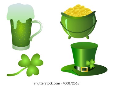Vector illustration. St.Patrick 's Day. Beer, clover, pot of gold and rainbow on a white background.