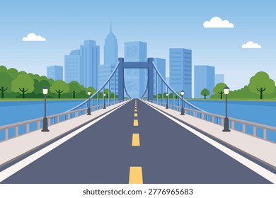 Vector illustration of a straight asphalt road on a suspension bridge leading to a modern city skyline with green trees and river.