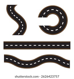 Vector illustration of straight and curved asphalt road set isolated on white background