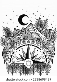 vector illustration of a straight line mountain with a compass