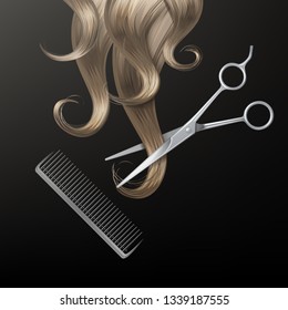 Vector illustration of strand wavy hair with realistic scissors and comb, isolated on dark or black table background, top view