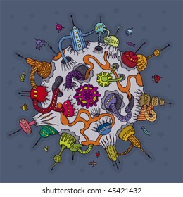 Vector illustration of strange planet where are living unknown inhabitants.