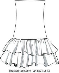 Vector illustration of strapless women's mini party dress with ruffles at the hem