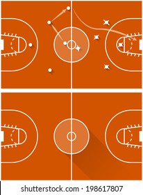 Vector illustration of strategy of a basketball game. Two flat illustration of red game tactics for basketball with white marking and points.