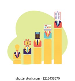 Vector illustration. Strategy and planning, analyzing project, financial report and successful business development. 