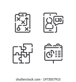 Vector illustration of strategy video call puzzle presentation line icon