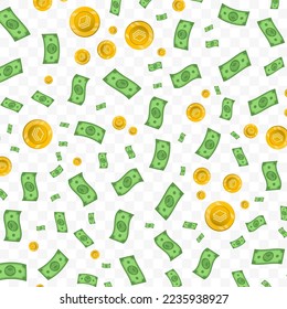 Vector illustration of Stratis money. Random pattern of banknotes and coins in green and gold colors on transparent background (PNG). 
