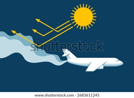 Vector illustration of stratospheric aerosol injection concept. Aircraft releases particles in the atmosphere to reflect sunlight, reduce warming and cool the planet. Climate geoengineering method.