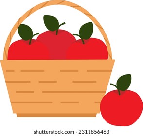 Vector illustration of straw basket with red apples in cartoon style