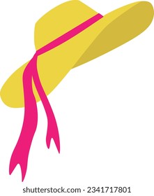 Vector illustration of straw hat with pink ribbon in cartoon style. Female straw retro hat