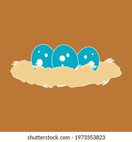 Vector illustration of a straw nest with three blue eggs