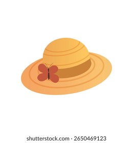 Vector Illustration of Straw Summer Hat with Wide Brim and Decorative Butterfly Isolated on White Background