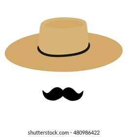 Vector illustration straw traditional hat, chupalla chilean hat isolated on white background. Straw hat and black mustache. Chilean man 