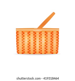 Vector illustration of a straw wicker basket. Isolated on white background. Summer harvest basket and flowers.