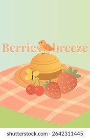 Vector Illustration of Strawberries, Cherries, Summer Hat and Bird with "Berries Breeze" Lettering on Picnic Blanket – Summer Postcard Design