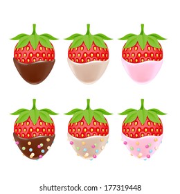 Vector illustration of strawberries in chocolate with sprinkles isolated on white back.